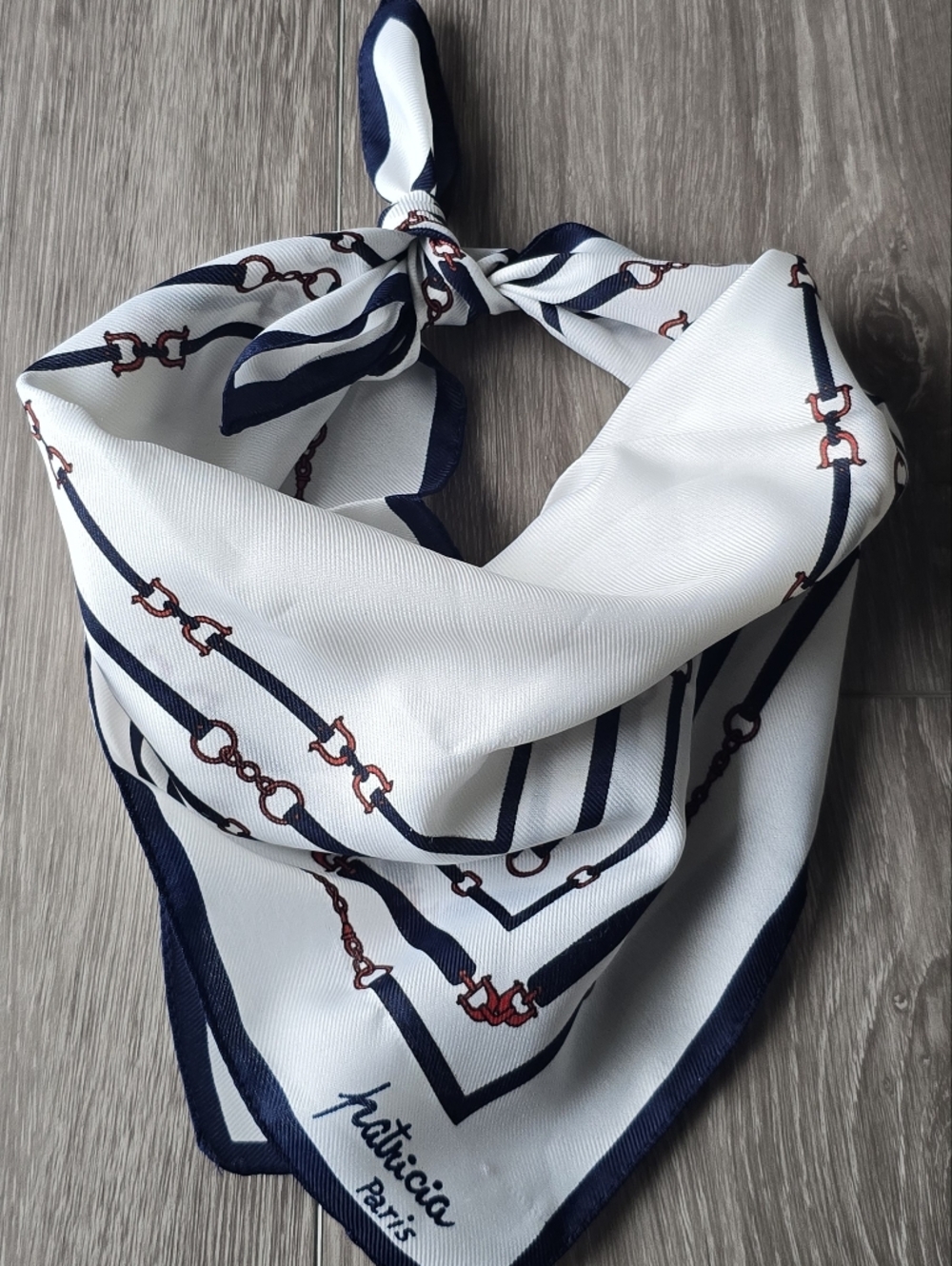 Vintage Patricia Paris Scarf Equestrian Horsebit Chain Navy White Red ~20x20"